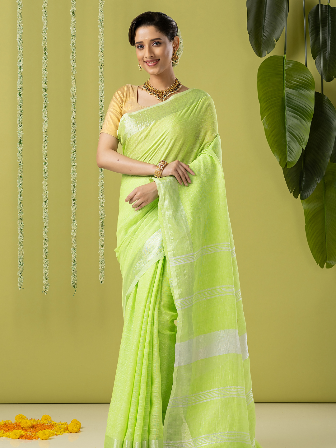 Pure Handloom Linen Saree | Lime Green