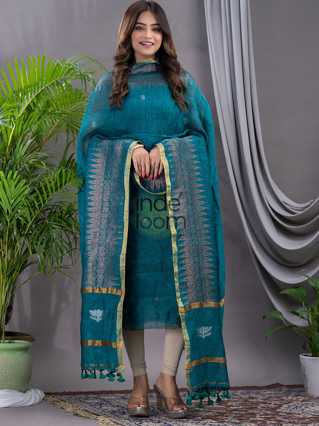 Teal Blue Linen X Linen 2-Piece Set Kurti & Dupatta (UNSTITCHED) - 111