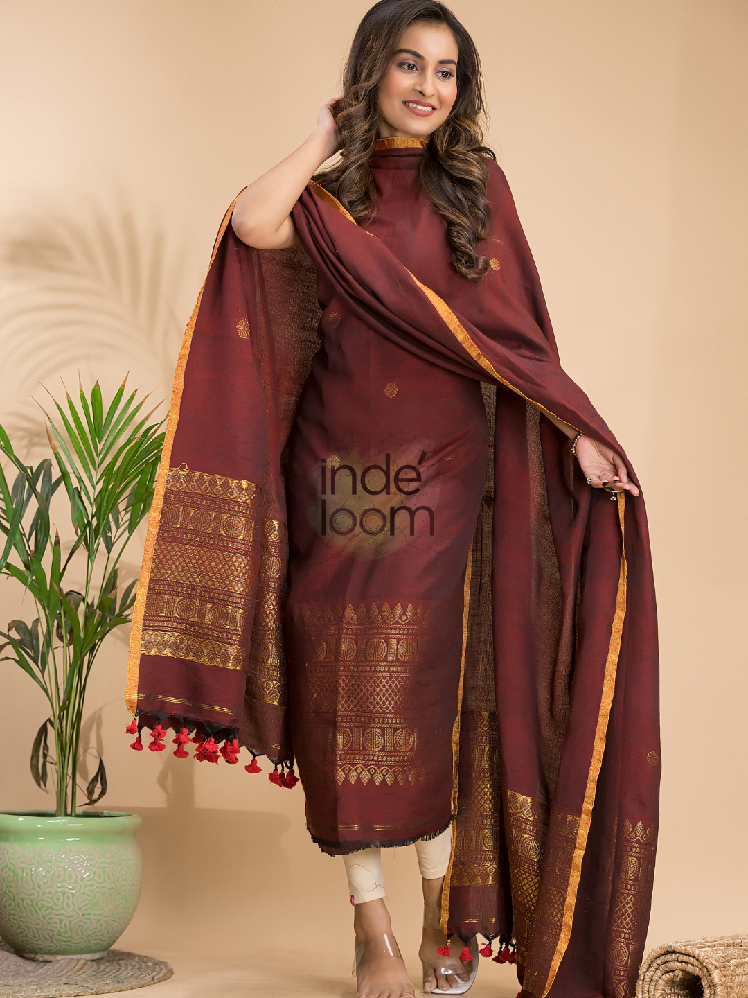 Umber Brown Organic Linen 2-Piece Set Kurti & Dupatta (UNSTITCHED) - 012