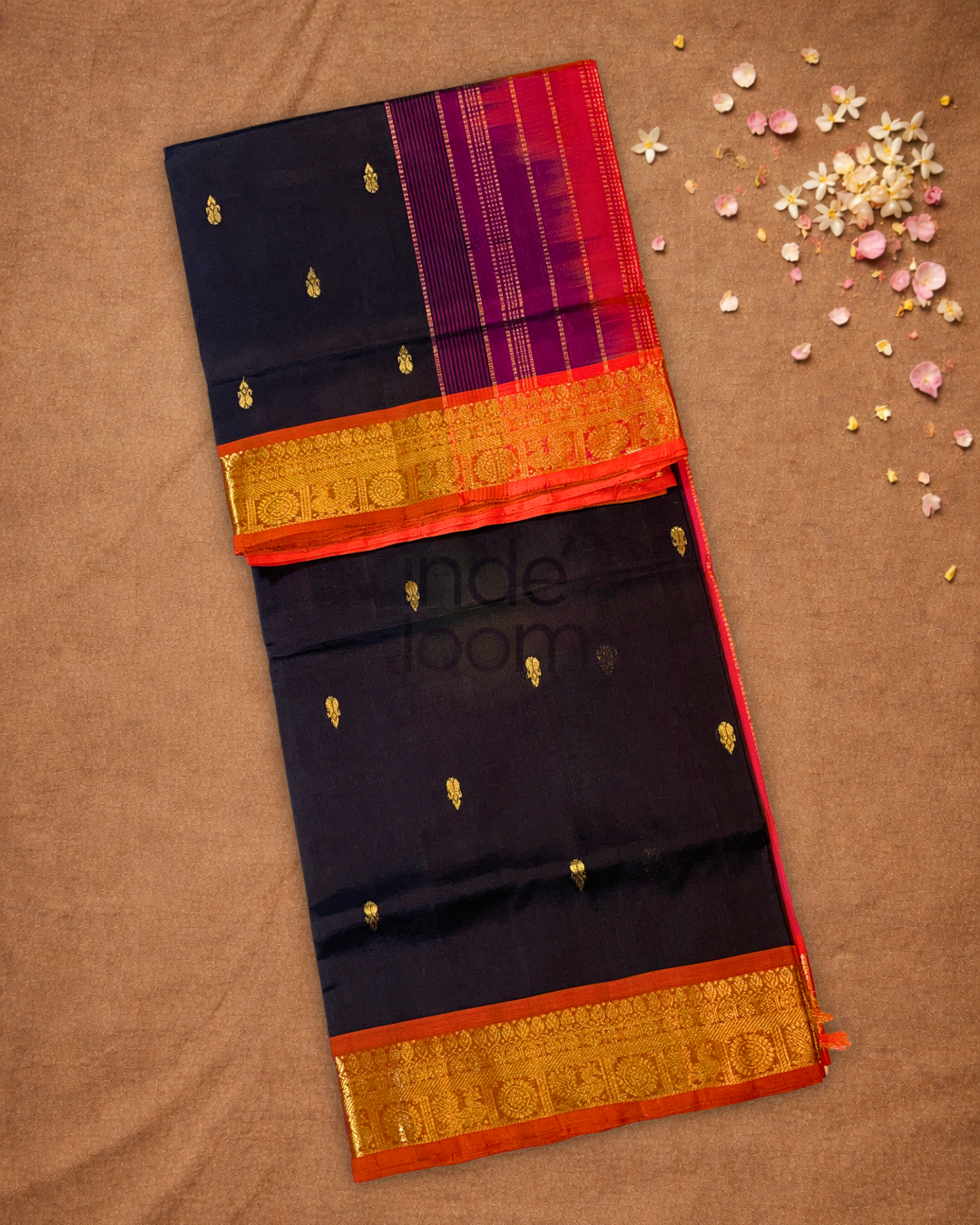 Handloom Korvai Silk Cotton Saree  |  Midnight Black