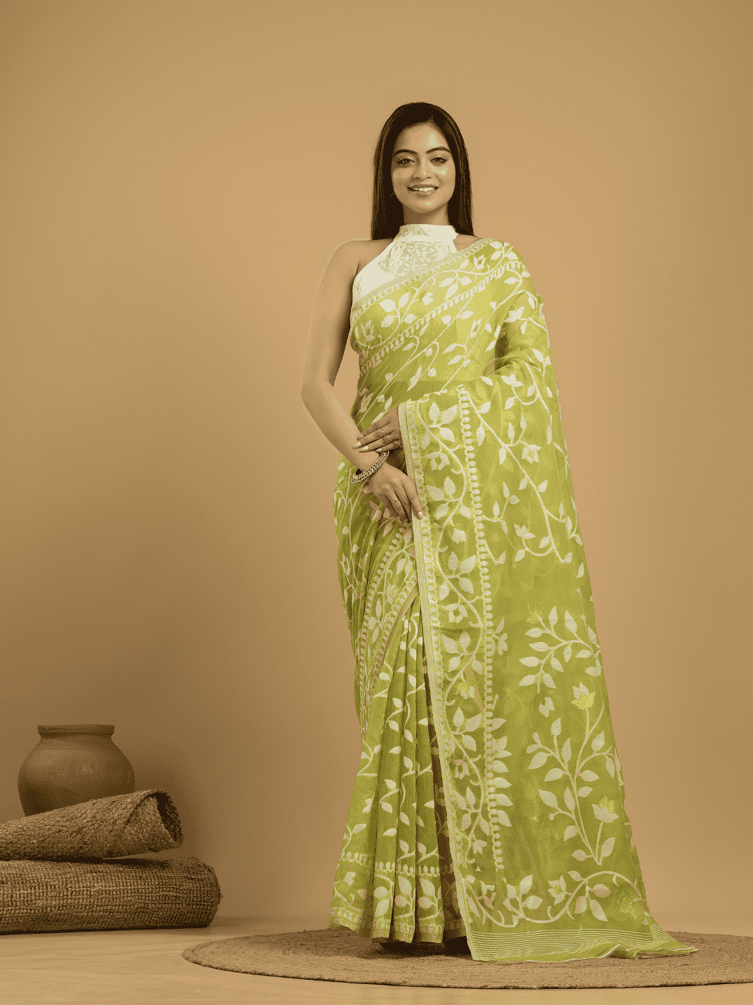 Light Green Cotton Silk Jamdani Saree - 032 - indeloom