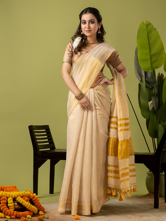 Pure Handloom Linen Saree | Pastel Yellow and Yelllow | Half and Half style with Contrast Border