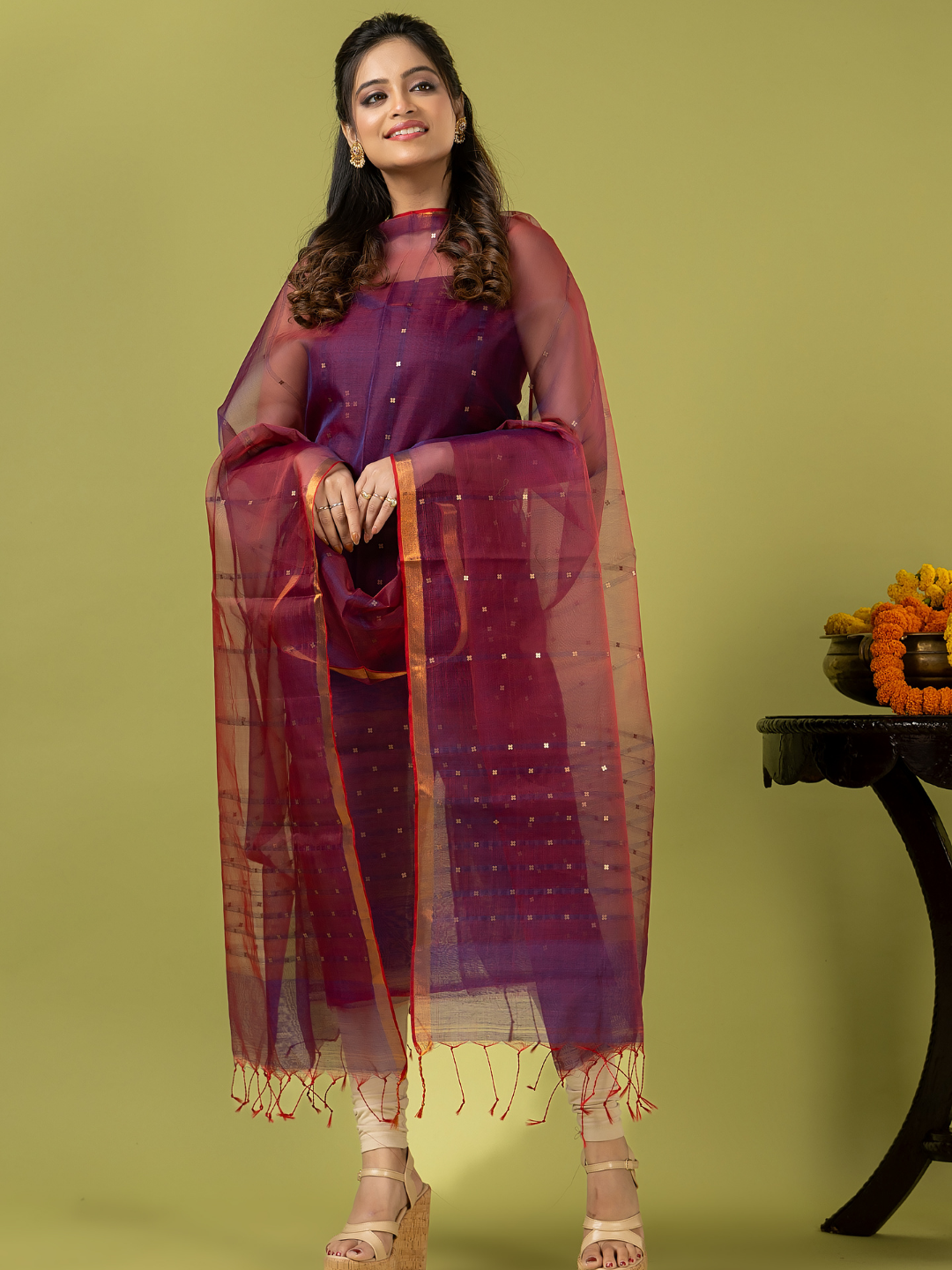 Handwoven Jamdani Muslin Unstitched 2-piece Kurti | Deep Plum