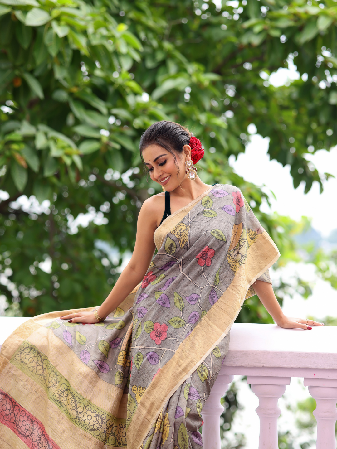 Florals On Tissue Silk Pen Kalamkari Saree - 010