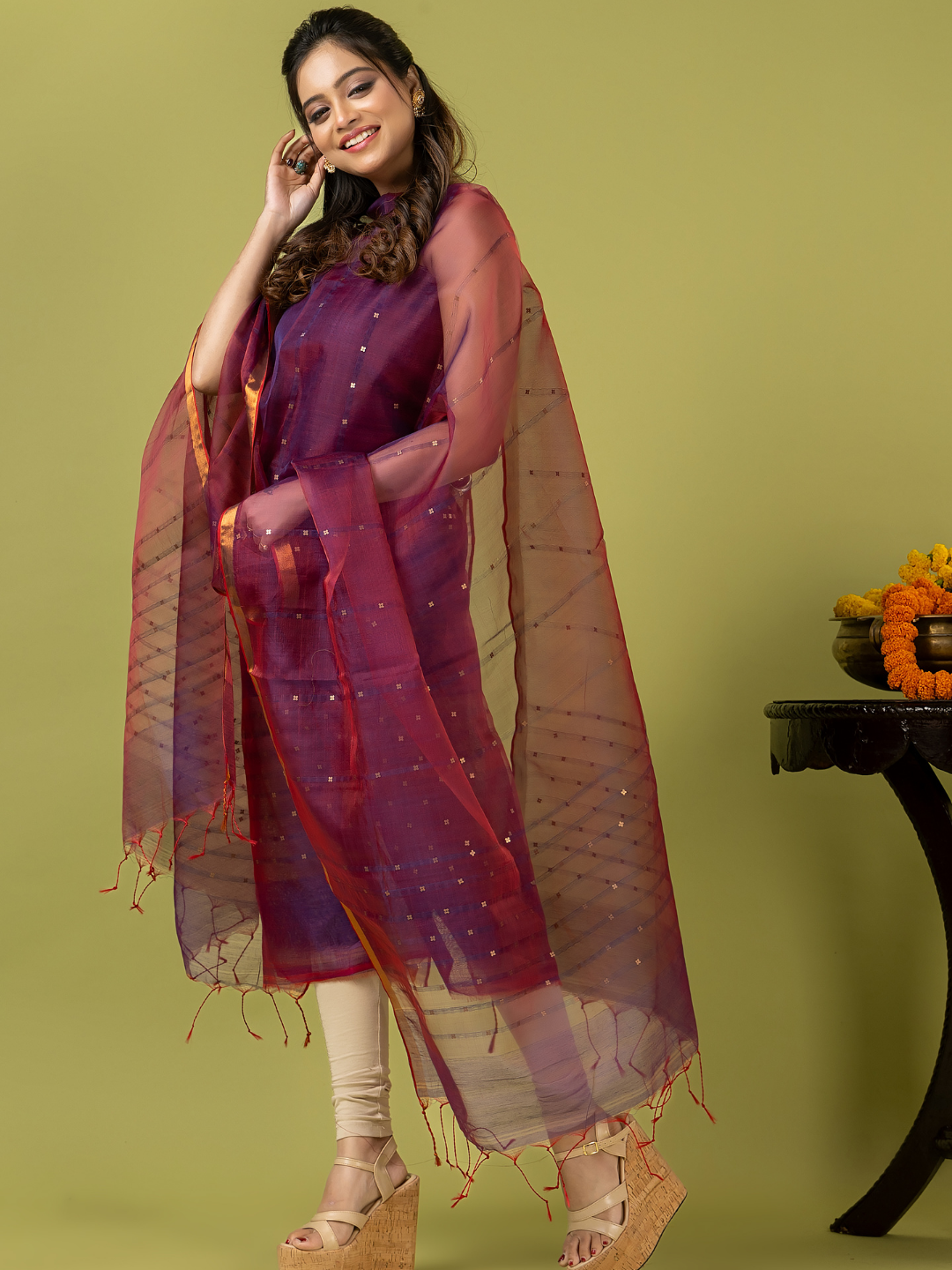 Handwoven Jamdani Muslin Unstitched 2-piece Kurti | Deep Plum