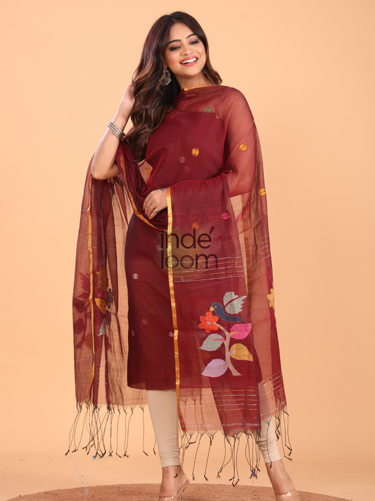 Rum Red Muslin Jamdani 2-Piece Set Kurti & Dupatta (UNSTITCHED) - 086