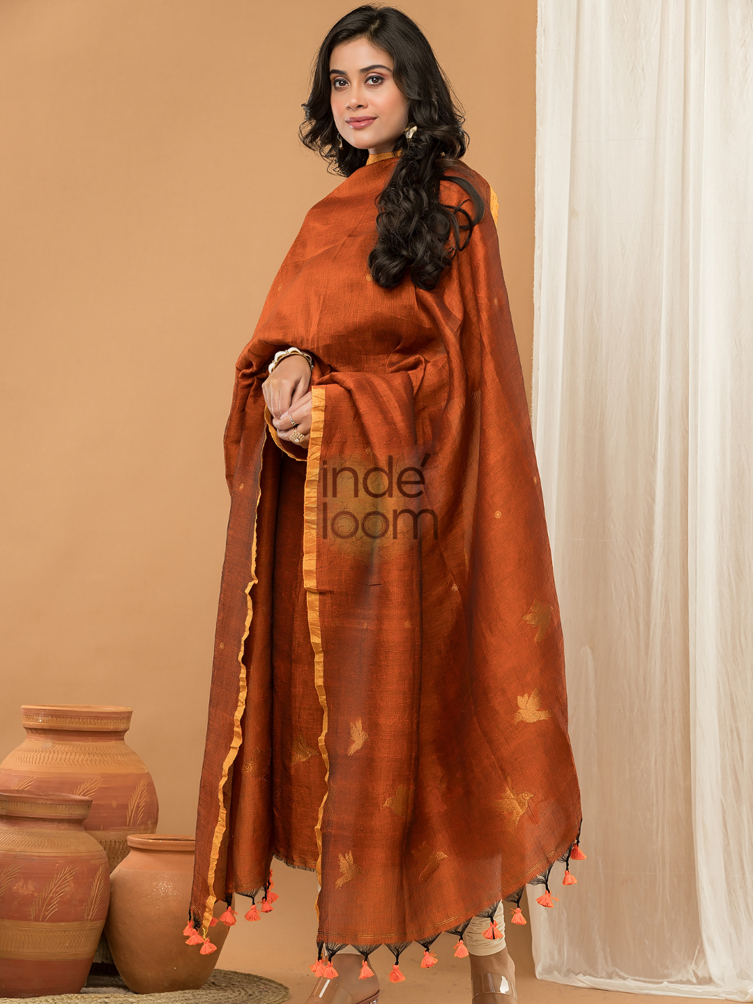 Tenne Orange color Jamdani 2-Piece Set Kurti & Dupatta (UNSTITCHED) - 148