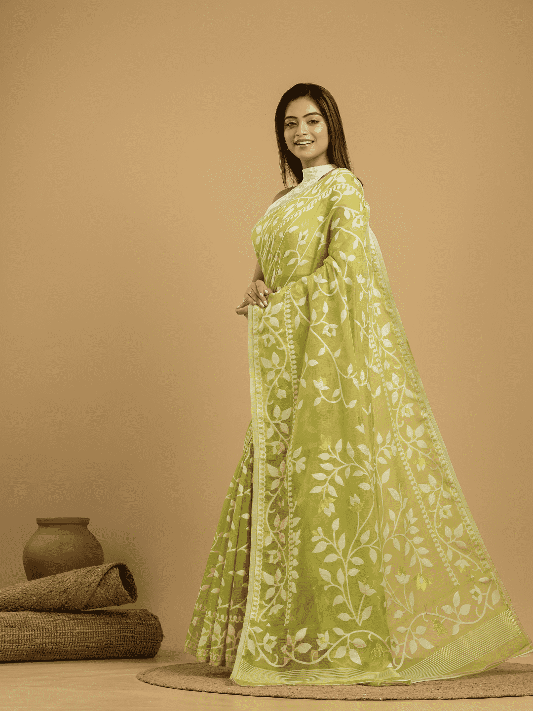 Light Green Cotton Silk Jamdani Saree - 032 - indeloom