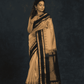 Pure handloom Korvai Silk Cotton Saree in Beige and Coal Black Pallu - 013