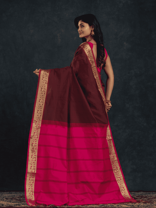 Pure Handloom Korvai Saree | Classic Korvai | Red and Brown