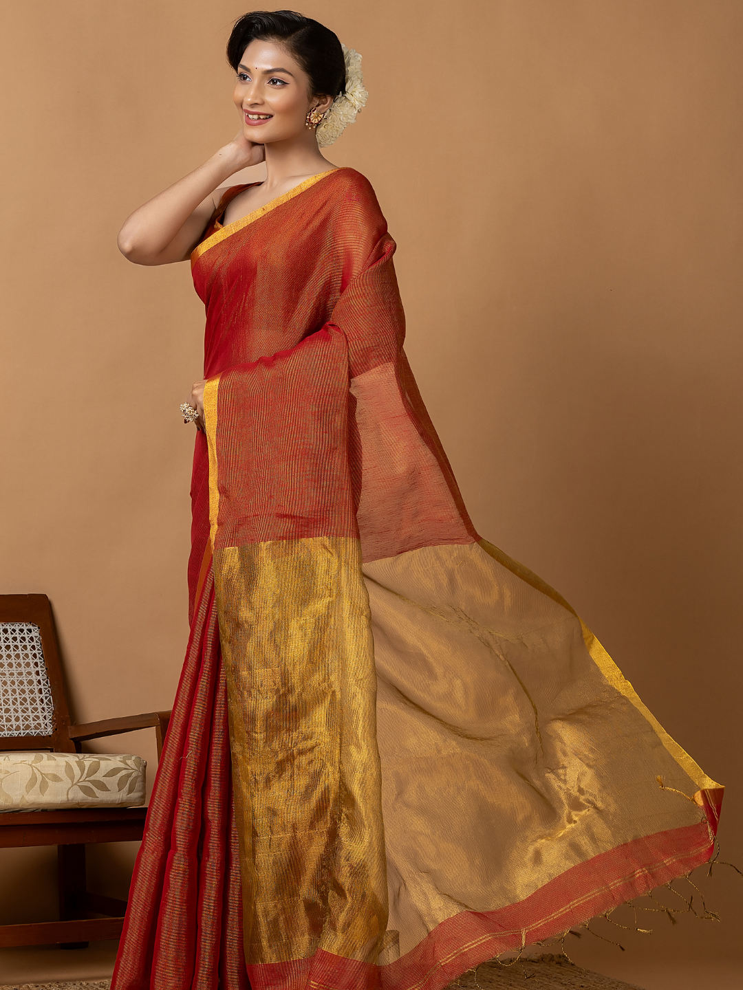 Pure Handloom Silk Tissue Linen Saree | Rust Orange