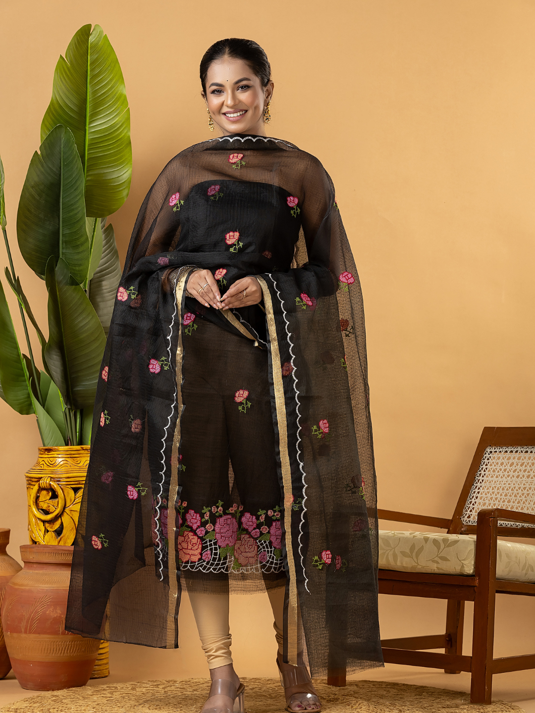 Classic Kota Doria Cotton Unstitched 2-Piece Kurti | Black