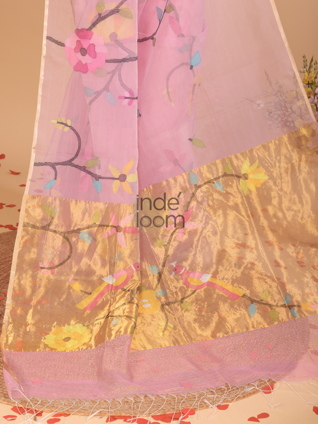 Jamdani Muslin Tissue Silk Saree With Rose Pink - 117
