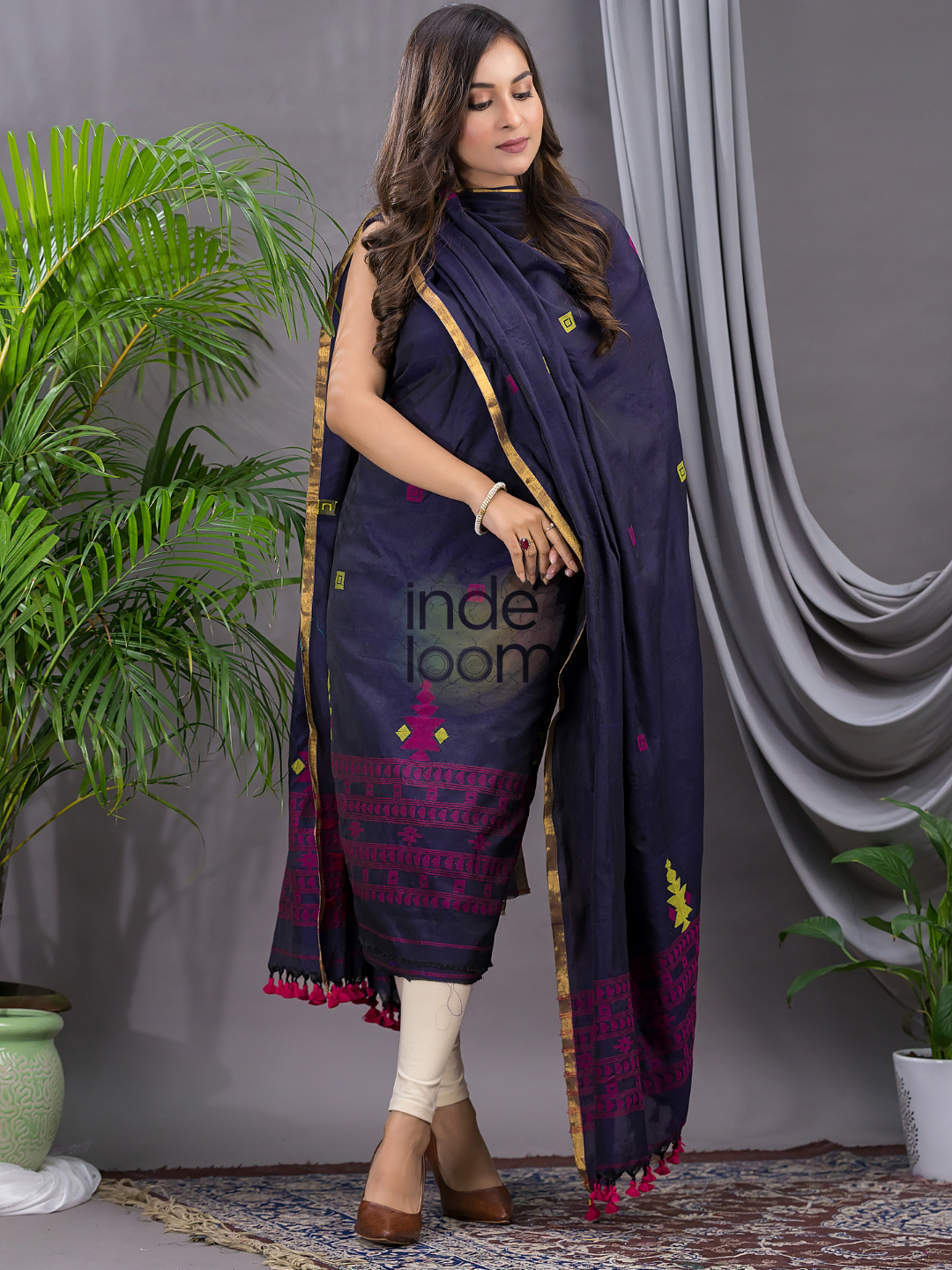 Dark Blue Cotton Jamdani 2-Piece Set Kurti & Dupatta (UNSTITCHED) - 112