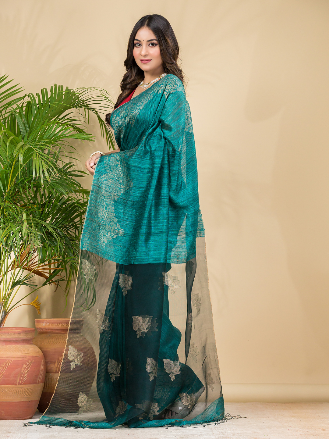 Matka Silk Jamdani Saree With Teal Green - 024