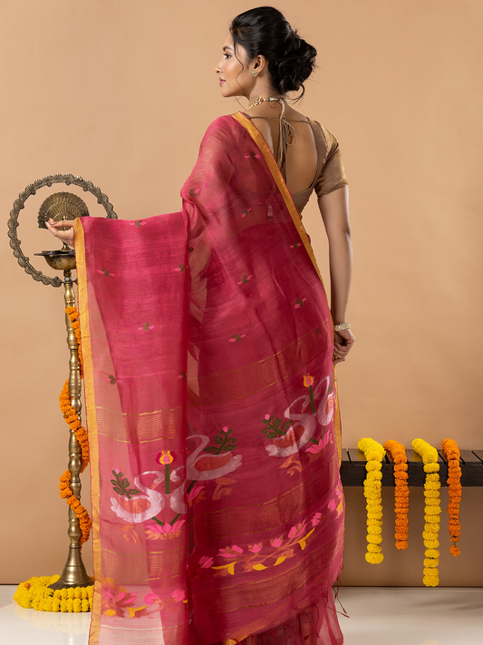 Handwoven Jamdani Silk Linen Saree | Rose Pink