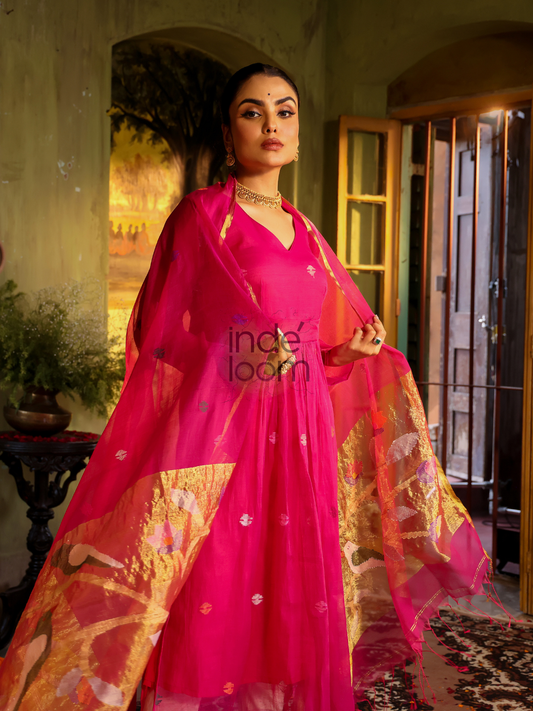 Handwoven Jamdani Cotton Silk Unstitched 2-piece Kurti  |  Magenta Pink