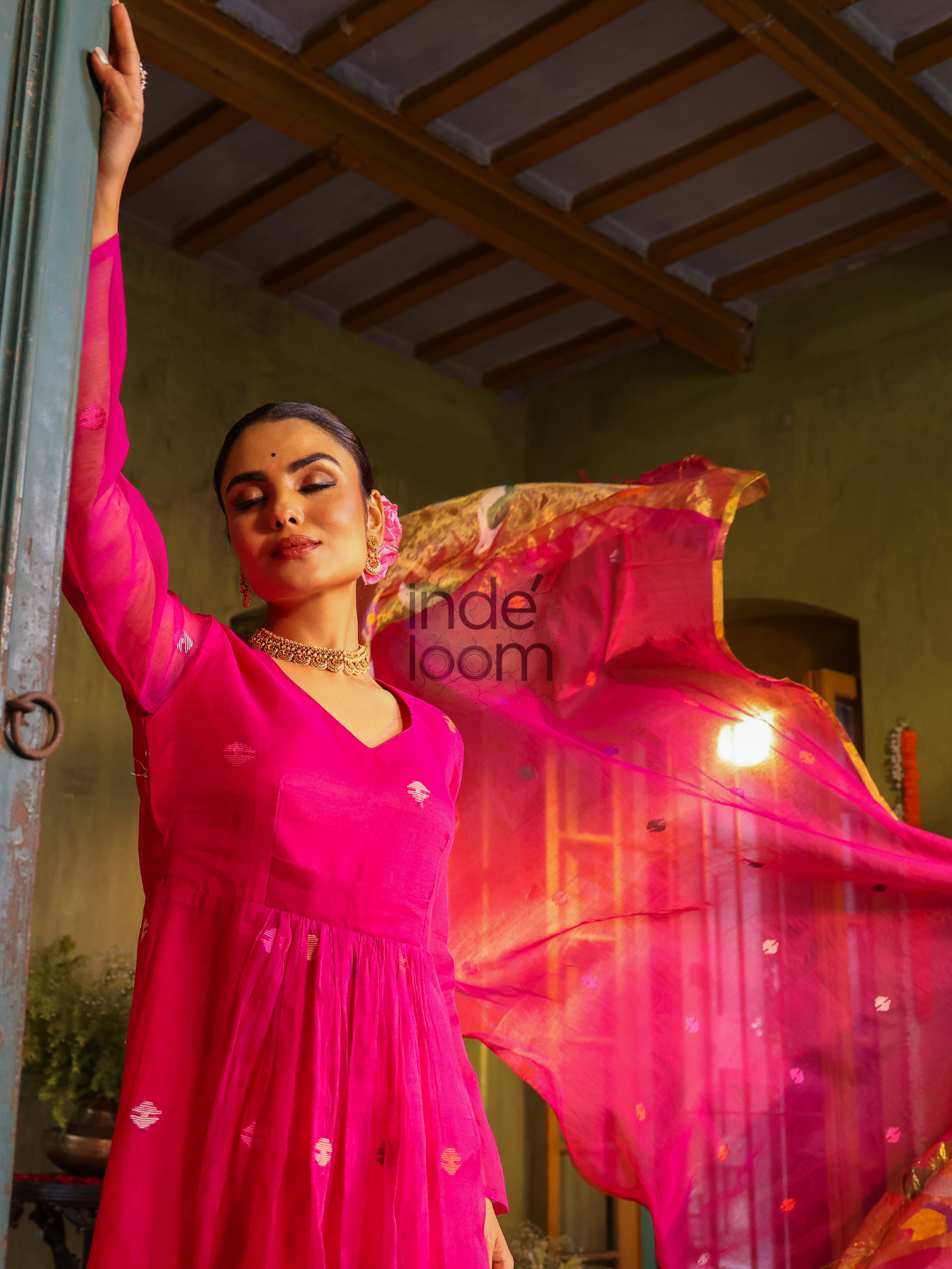 Deep Pink Sequin Paithani Jamdani 2-Piece Set Kurti & Dupatta (UNSTITCHED) - 314