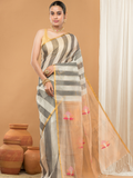 Tissue Muslin Jamdani Saree With Grey & White Golden Border -009