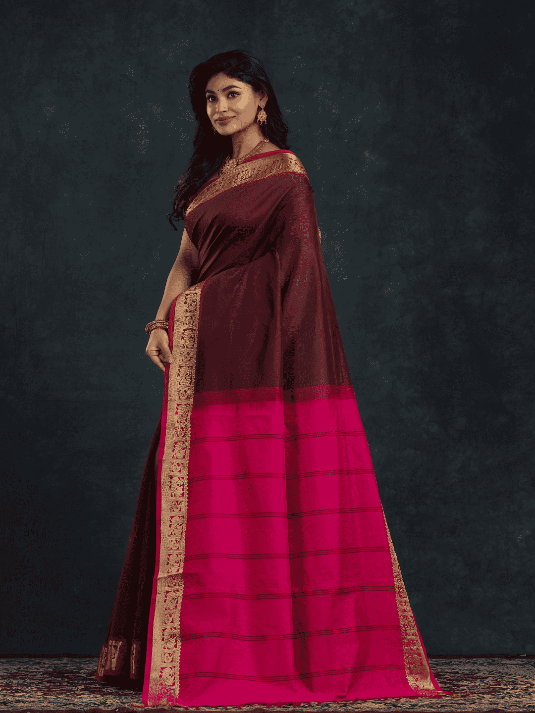 Pure Handloom Korvai Saree | Classic Korvai | Red and Brown