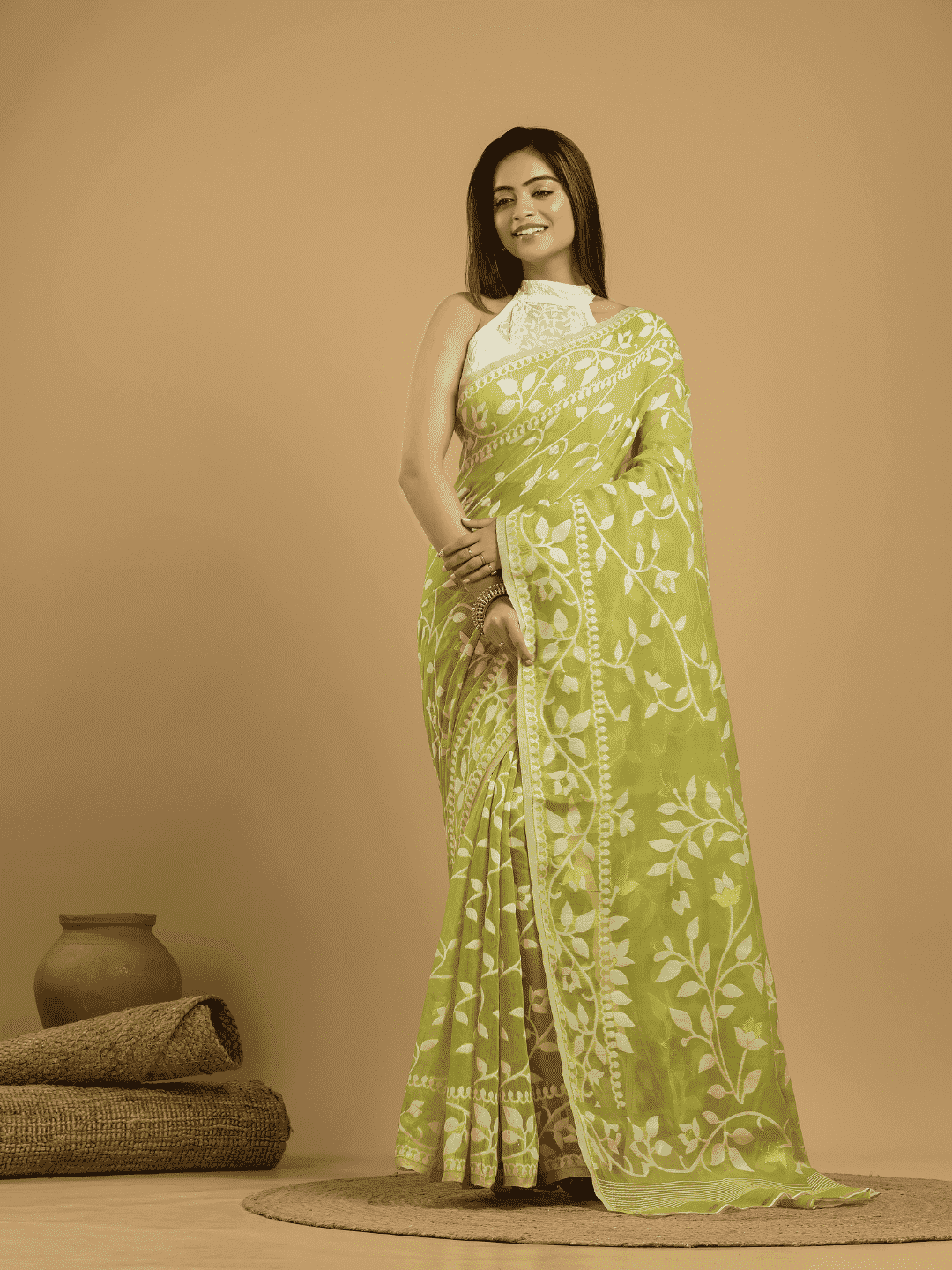 Light Green Cotton Silk Jamdani Saree - 032 - indeloom