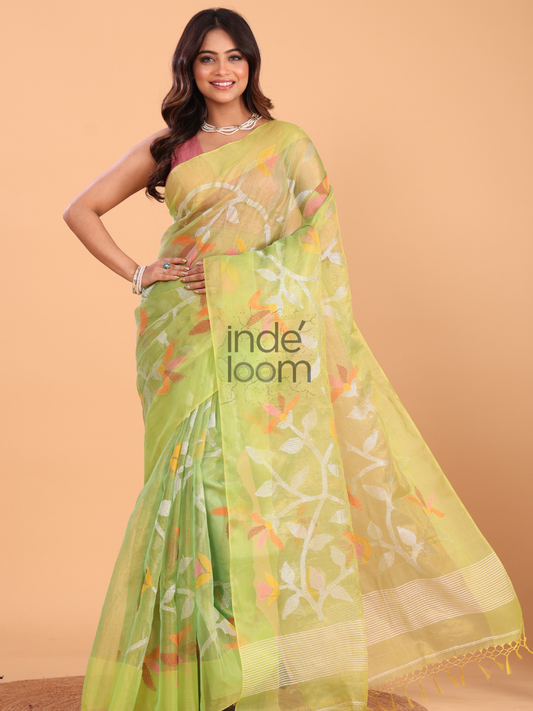 Handwoven Pure Jamdani Silk Saree  |  Lime Green