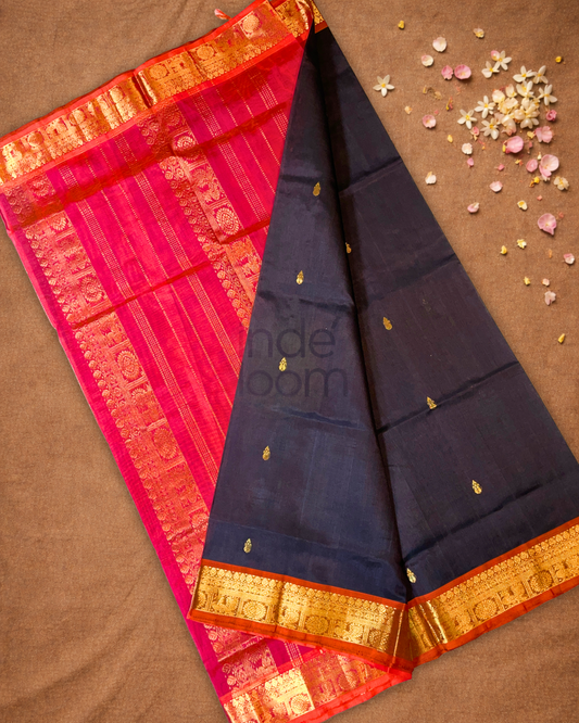 Handloom Korvai Silk Cotton Saree  |  Midnight Black
