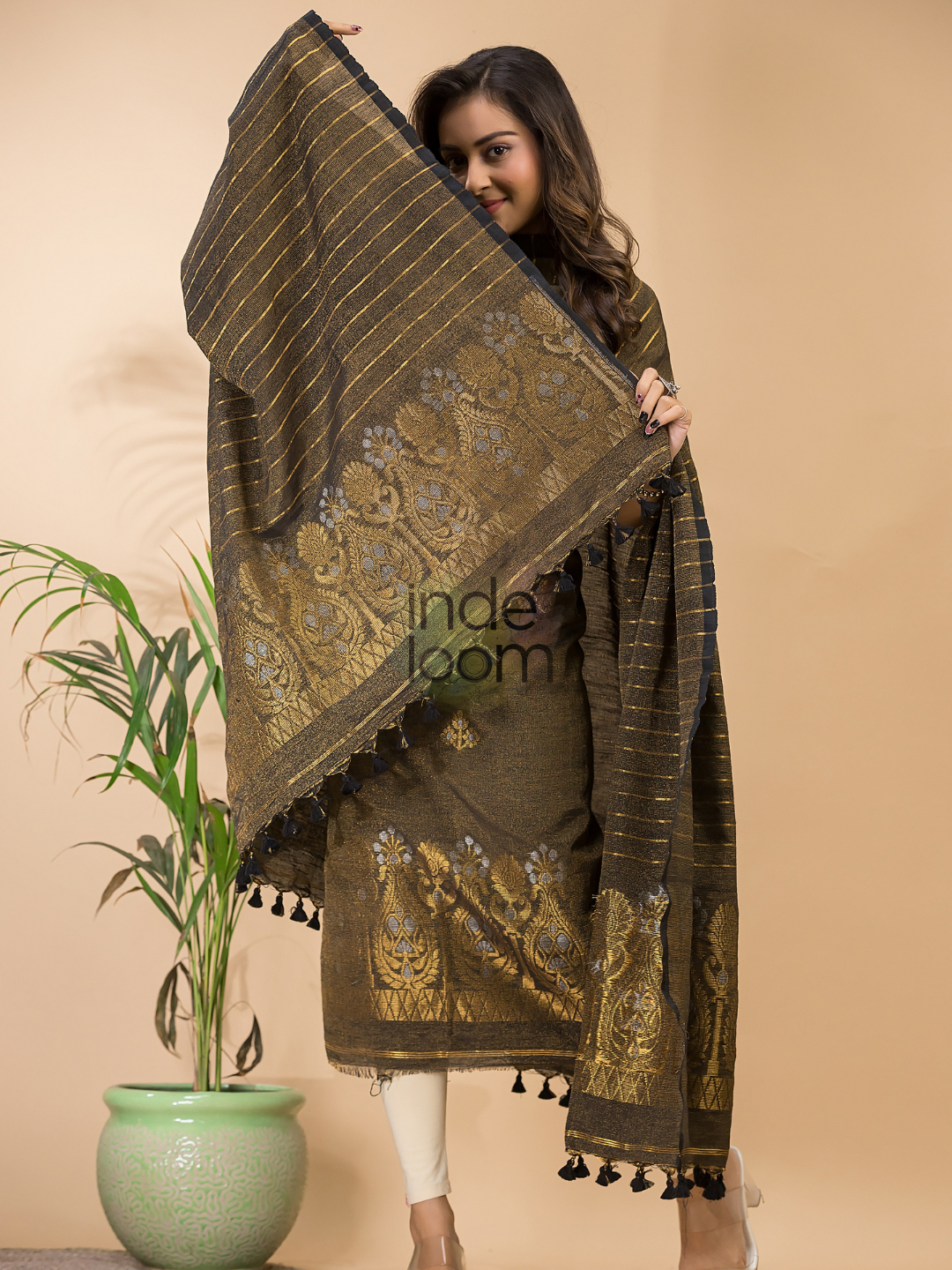 Wood Brown Organic Linen 2-Piece Set Kurti & Dupatta (UNSTITCHED) - 124
