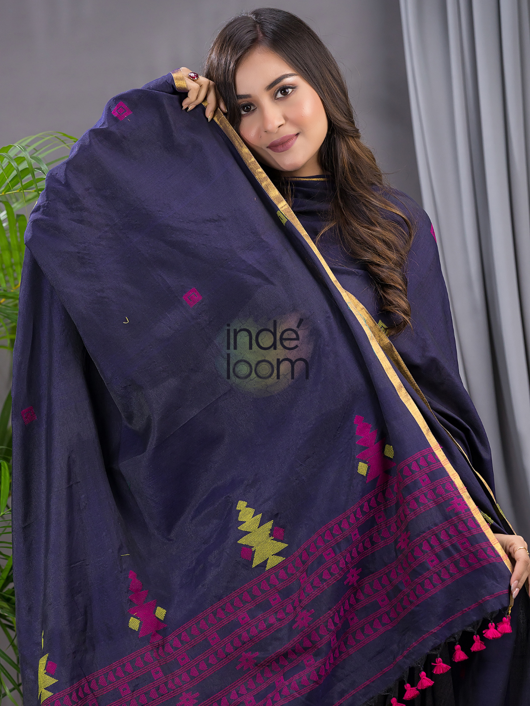 Dark Blue Cotton Jamdani 2-Piece Set Kurti & Dupatta (UNSTITCHED) - 112