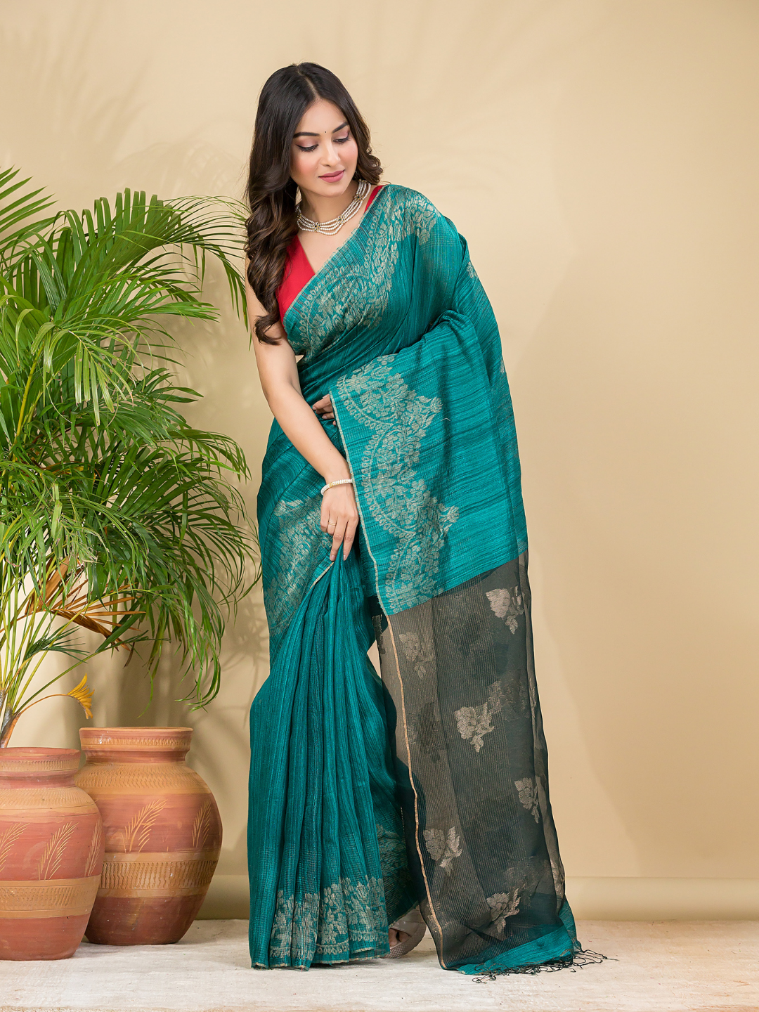 Matka Silk Jamdani Saree With Teal Green - 024