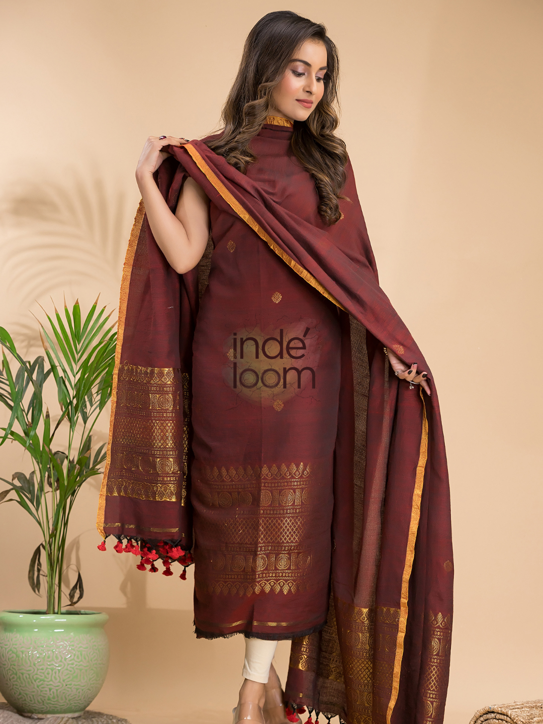 Umber Brown Organic Linen 2-Piece Set Kurti & Dupatta (UNSTITCHED) - 012