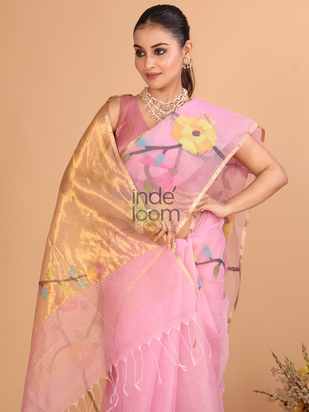 Jamdani Muslin Tissue Silk Saree With Rose Pink - 117
