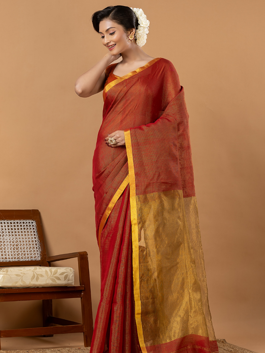 Pure Handloom Silk Tissue Linen Saree | Rust Orange