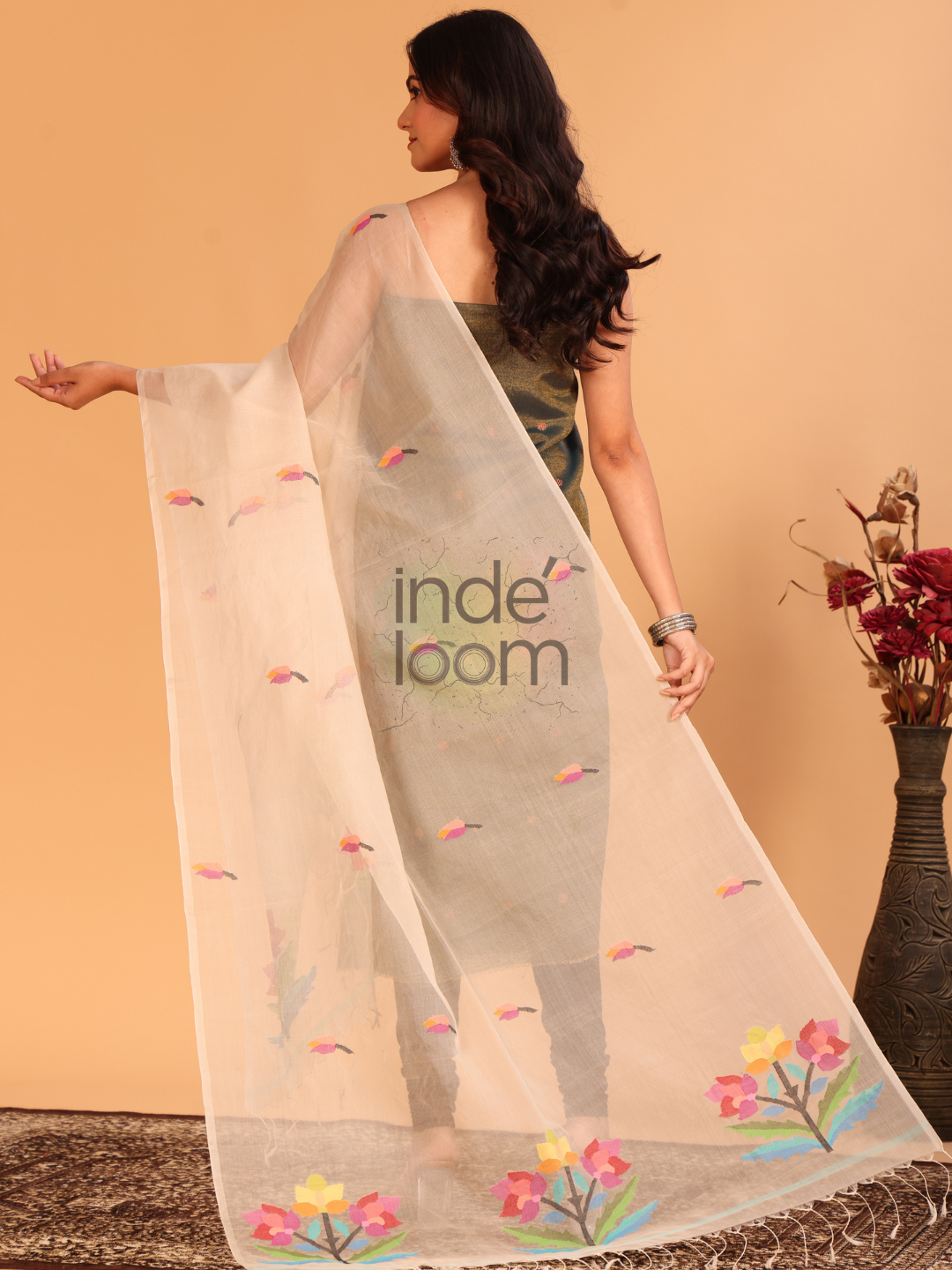 Pure Handloom Muslin Jamdani Dupatta  With Pale Brown - 018