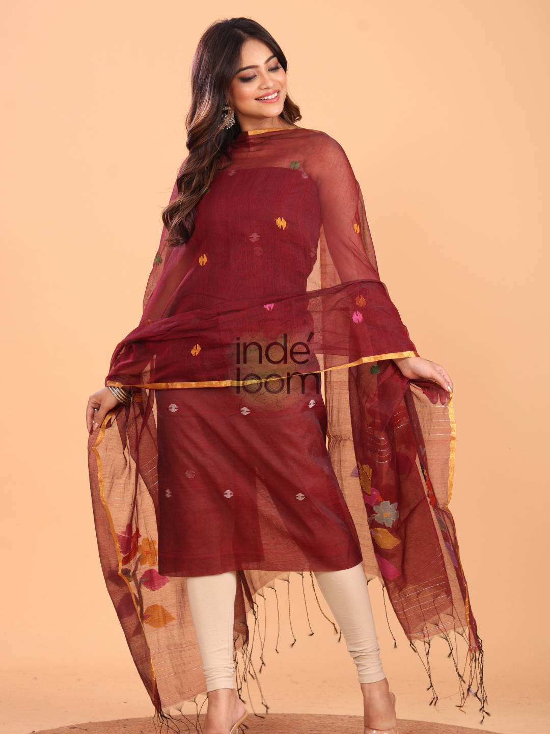 Rum Red Muslin Jamdani 2-Piece Set Kurti & Dupatta (UNSTITCHED) - 086