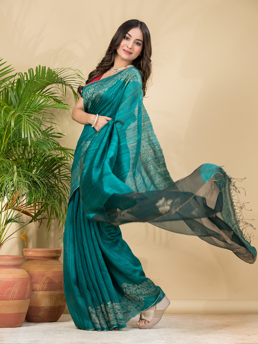 Matka Silk Jamdani Saree With Teal Green - 024