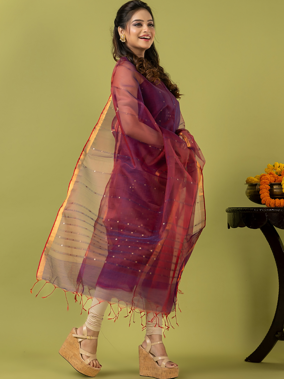 Handwoven Jamdani Muslin Unstitched 2-piece Kurti | Deep Plum