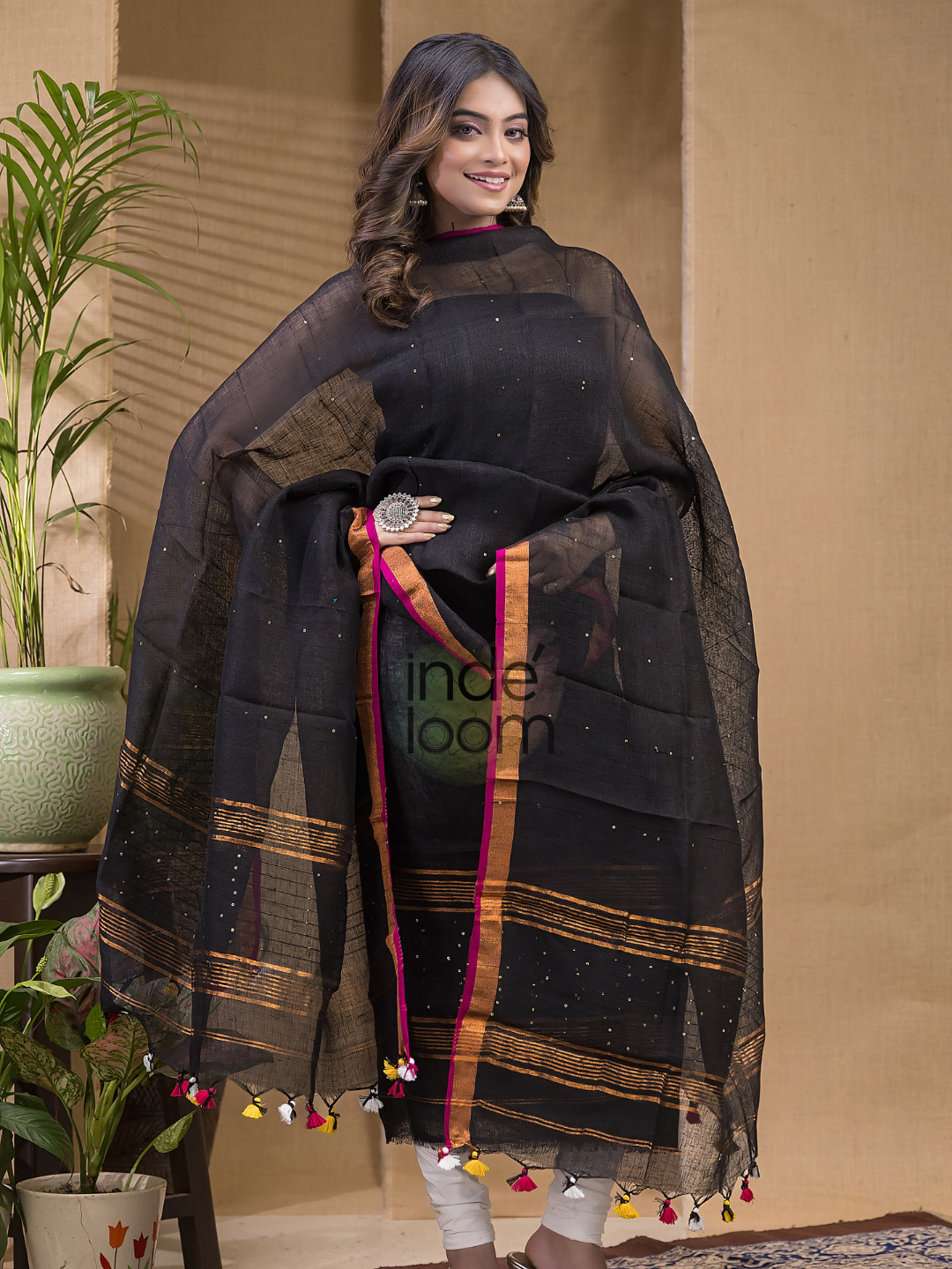 Rich Black Pure Linen Sequin Suit 2 Piece Set Kurti & Dupatta (UNSTITCHED) -629