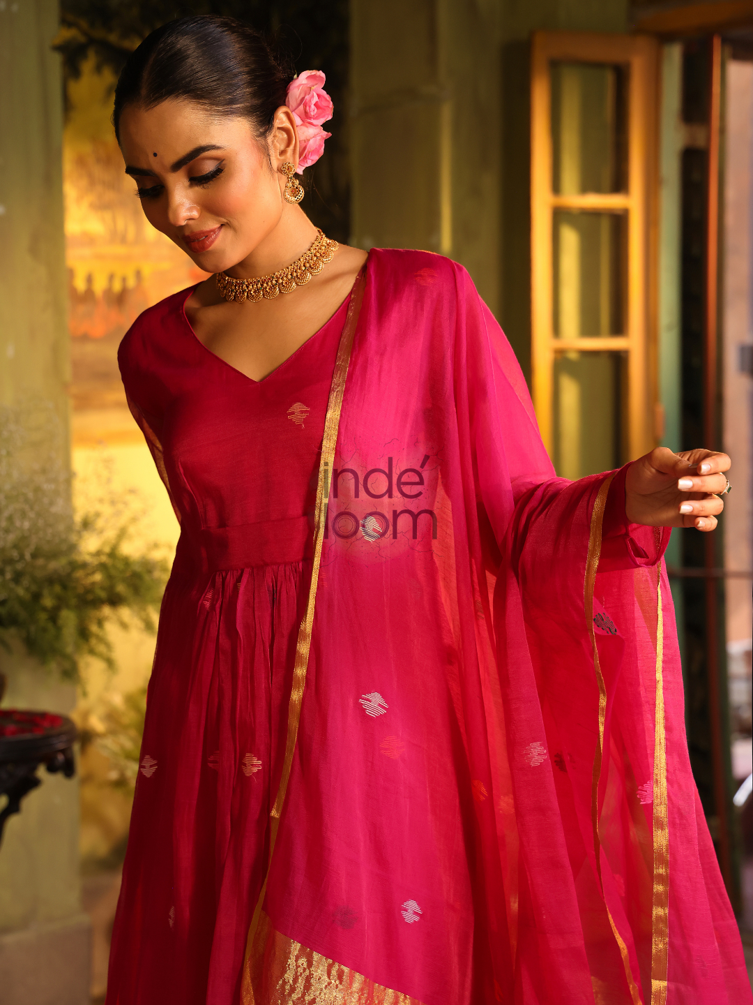 Deep Pink Sequin Paithani Jamdani 2-Piece Set Kurti & Dupatta (UNSTITCHED) - 314