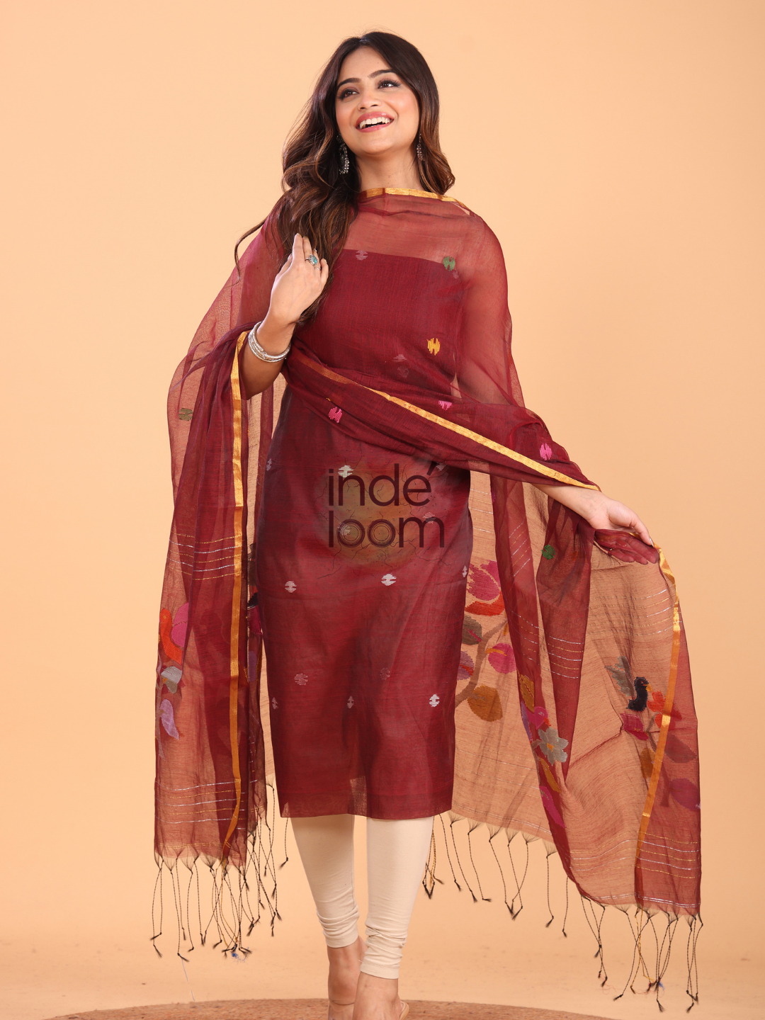 Rum Red Muslin Jamdani 2-Piece Set Kurti & Dupatta (UNSTITCHED) - 086