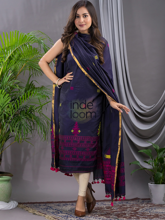 Dark Blue Cotton Jamdani 2-Piece Set Kurti & Dupatta (UNSTITCHED) - 112