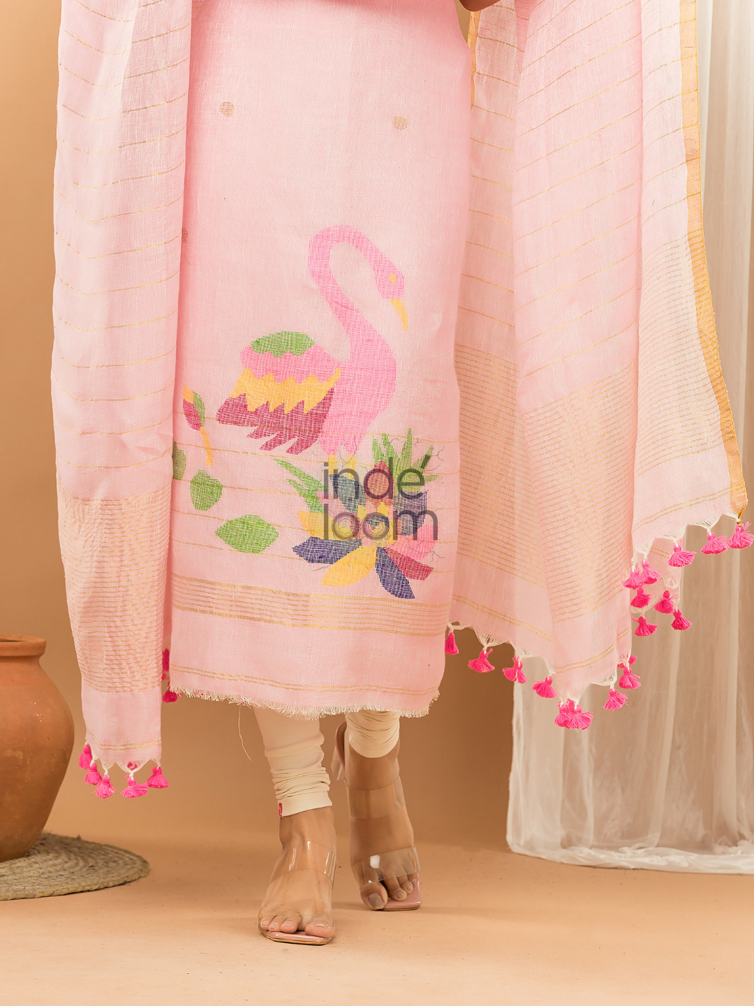 Linen Jamdani Unstitched 2-Piece Kurti  |  Rani Pink
