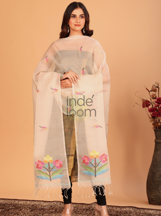 Pure Handloom Muslin Jamdani Dupatta  With Pale Brown - 018