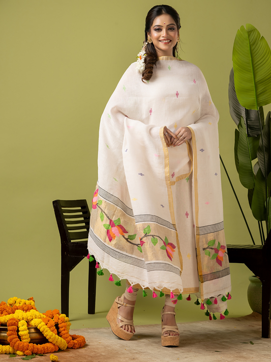 Handwoven Jamdani Linen Unstitched 2-piece Kurti  |  Snow White  and White  | All-over Buttas with Floral border