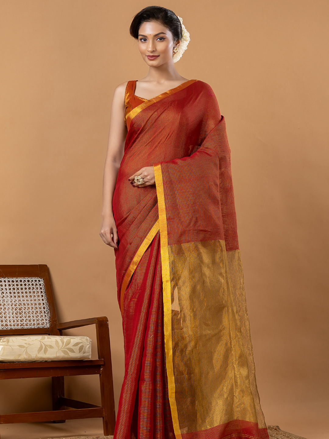 Pure Handloom Silk Tissue Linen Saree | Rust Orange
