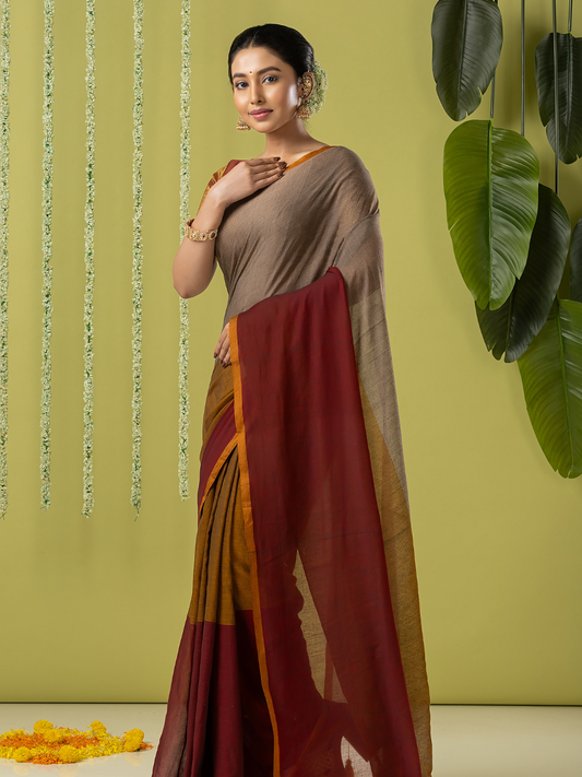 Pure Handloom Mul Cotton Saree | Taupe Brown