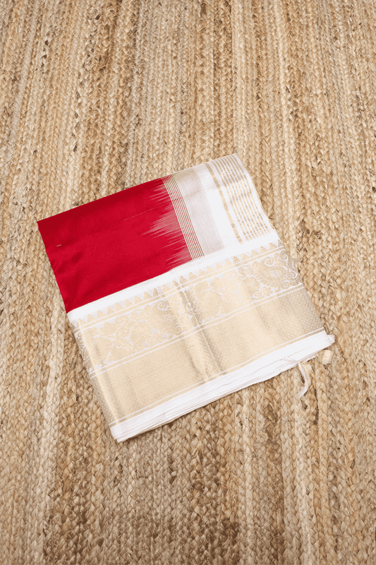 Pure handloom Korvai Silk Cotton Saree in Rose Red and White Border - 038