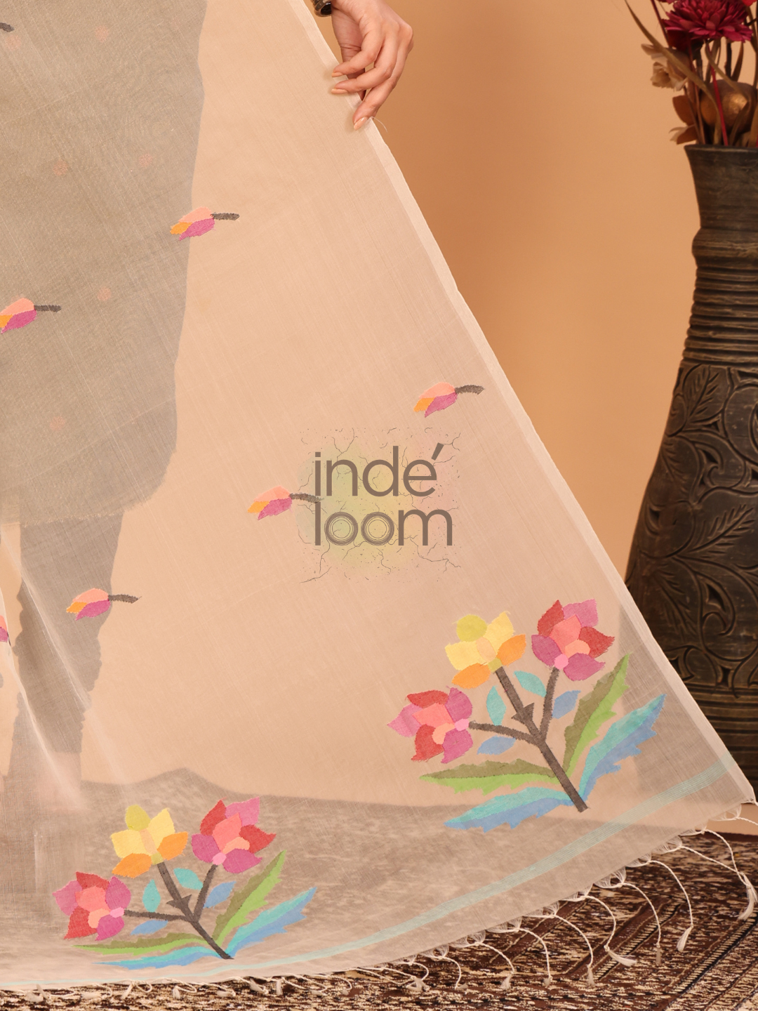 Pure Handloom Muslin Jamdani Dupatta  With Pale Brown - 018