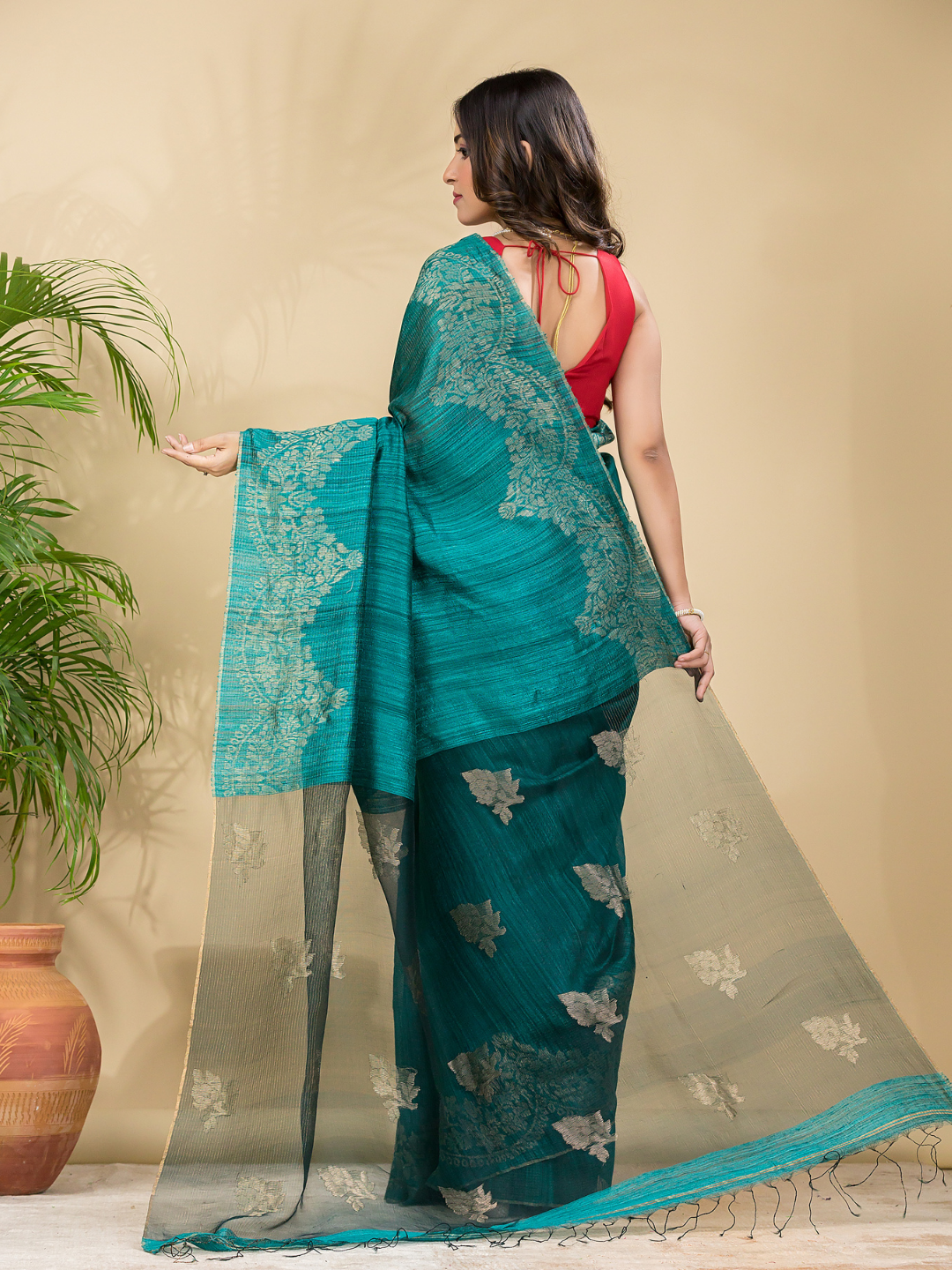 Matka Silk Jamdani Saree With Teal Green - 024