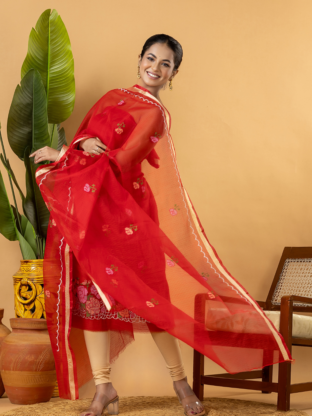Classic Kota Doria Cotton Unstitched 2-Piece Kurti | Red